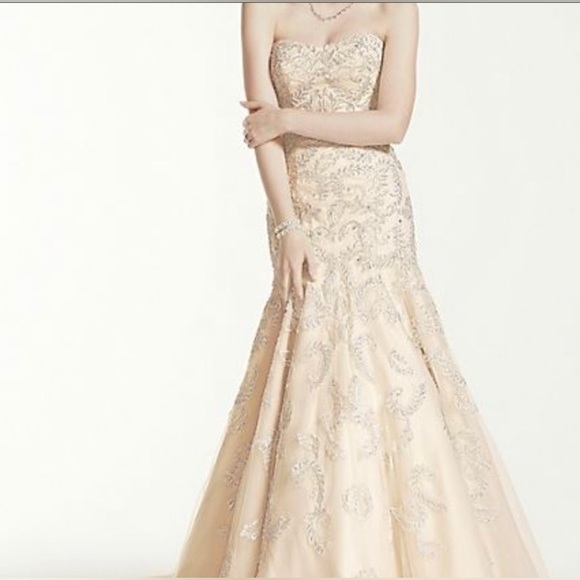 Oleg Cassini Dresses & Skirts - Oleg Cassini Lace and Beaded Trumpet champagne color wedding dress vintage